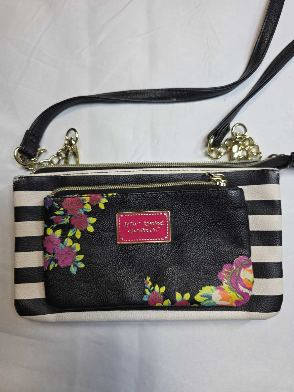 Betsey Johnson Black & Cream Stripes Floral Crossbody Handbag Purse